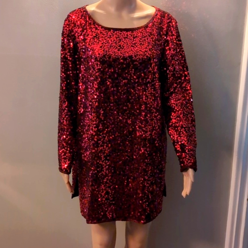 OLEG CASSINI Sequin & Bead Embellished 100% Silk RED Top XL RARE Vintage Sizing